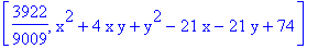 [3922/9009, x^2+4*x*y+y^2-21*x-21*y+74]